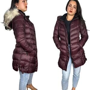 Bernardo Faux Fur Hooded Purple Mid Length Puffer Coat